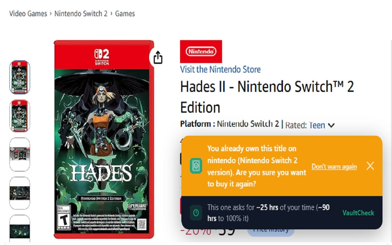 VaultCheck's duplicate-purchase warning on a store listing for Hades II (Nintendo Switch 2 Edition): 'You already own this title on Nintendo,' plus an estimated ~25 hours to complete.